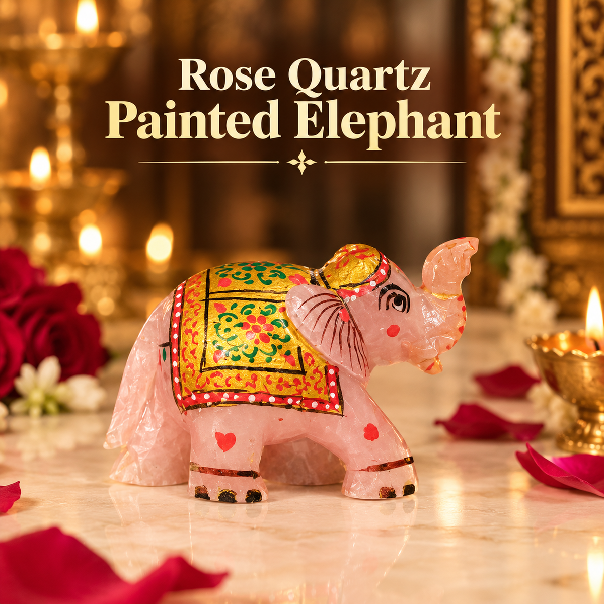 Rose Quartz Crystal Painted Elephant - Natural