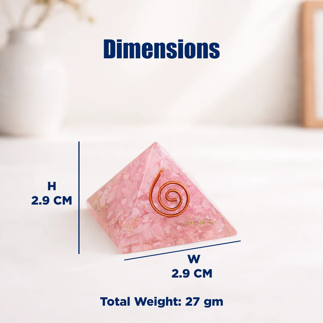 Pyramid-shaped pink stone with a spiral design on a white surface, showing dimensions and weight.Rose Quartz Pyramid – Love, Relationship & Heart Chakra Healing