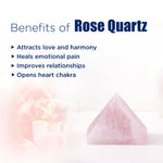 Rose Quartz crystal with benefits listed on a white background