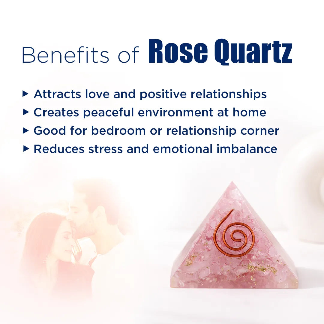 Rose Quartz pyramid with benefits listed on a white background