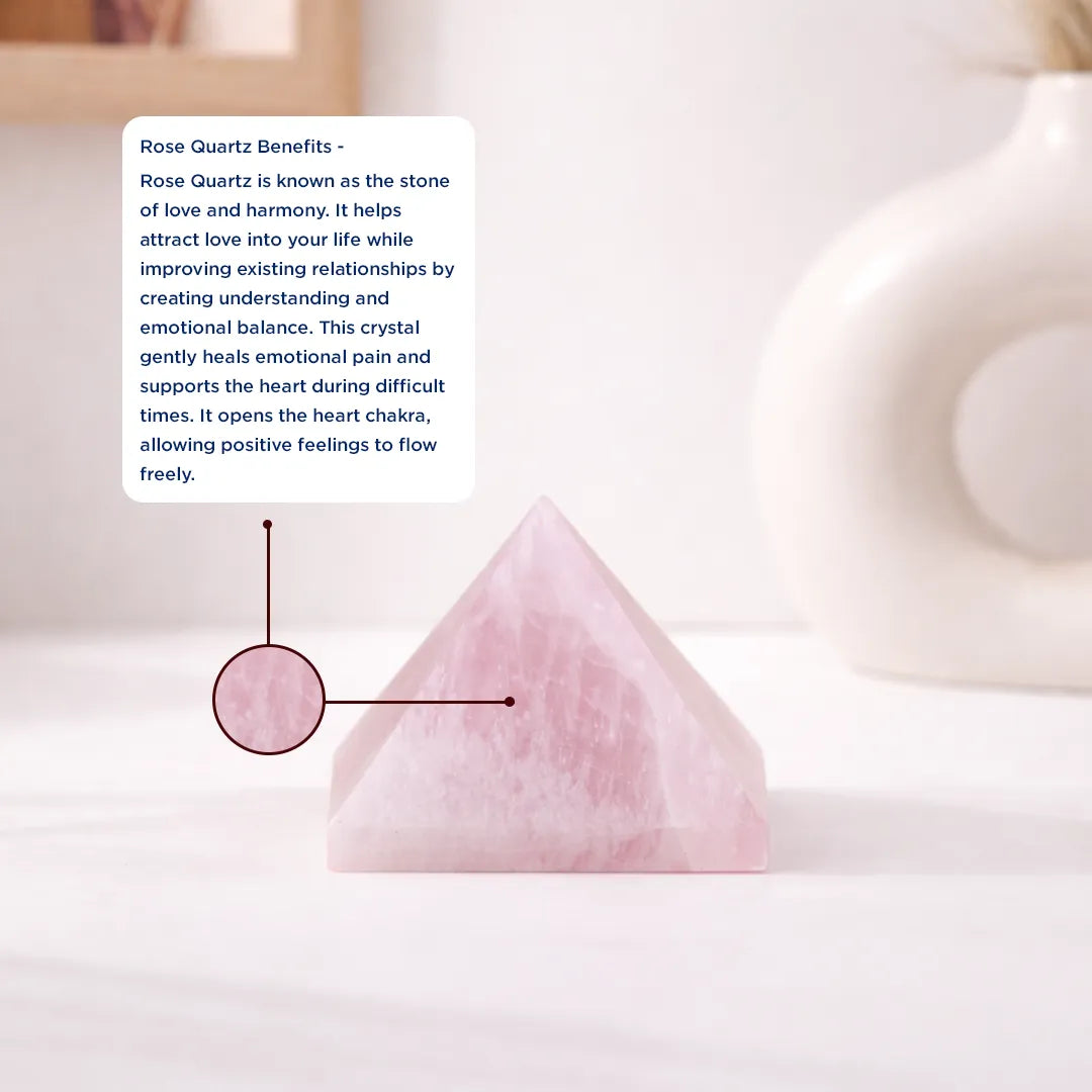 Rose Quartz pyramid with text on its benefits on a soft pink backgroundRose Quartz Small Pyramid – Love, Healing & Heart Chakra Crystal