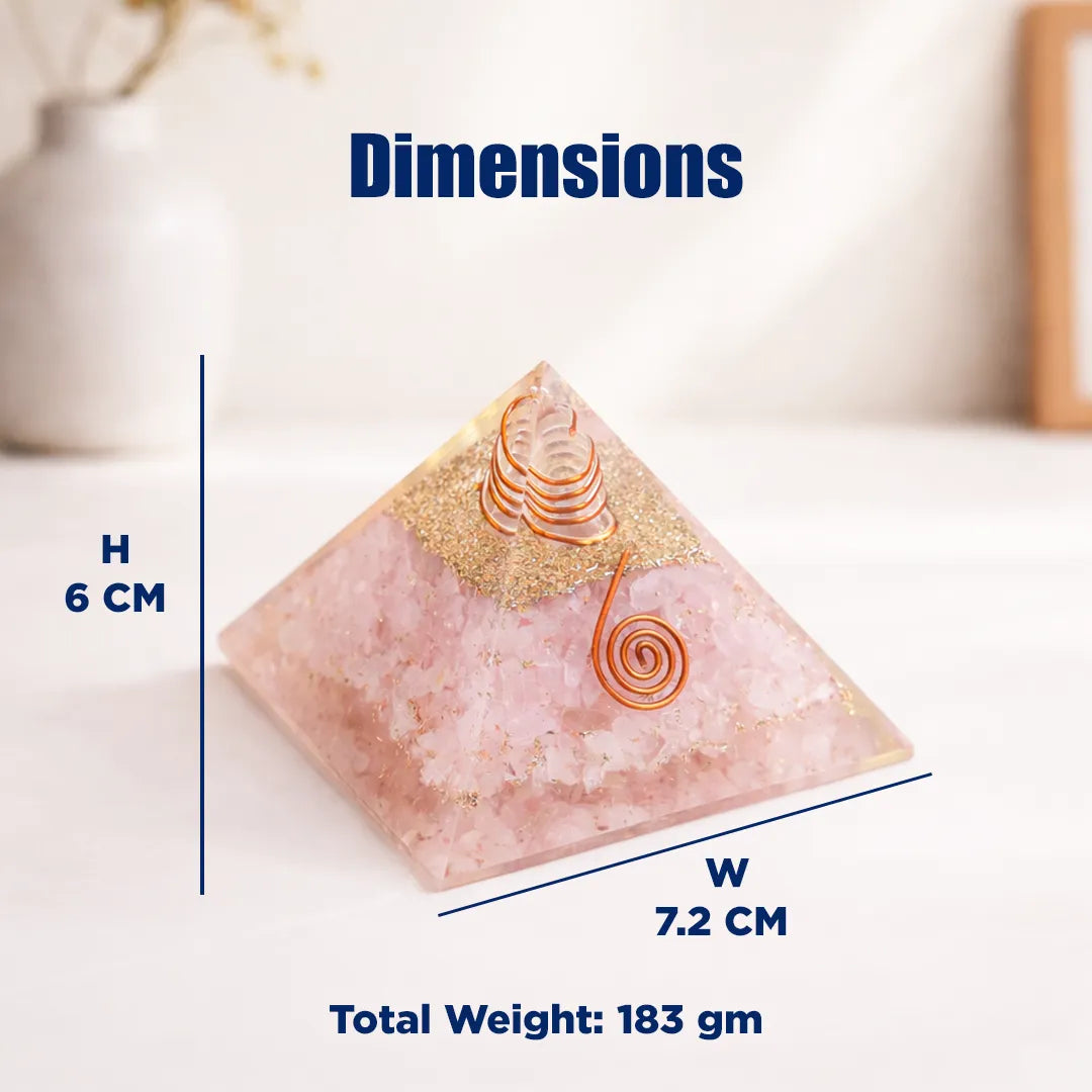 Pyramid-shaped pink stone with gold spiral design, dimensions, and weight displayed.Rose Quartz Pyramid with Shri Yantra – Love, Harmony & Relationship Energy