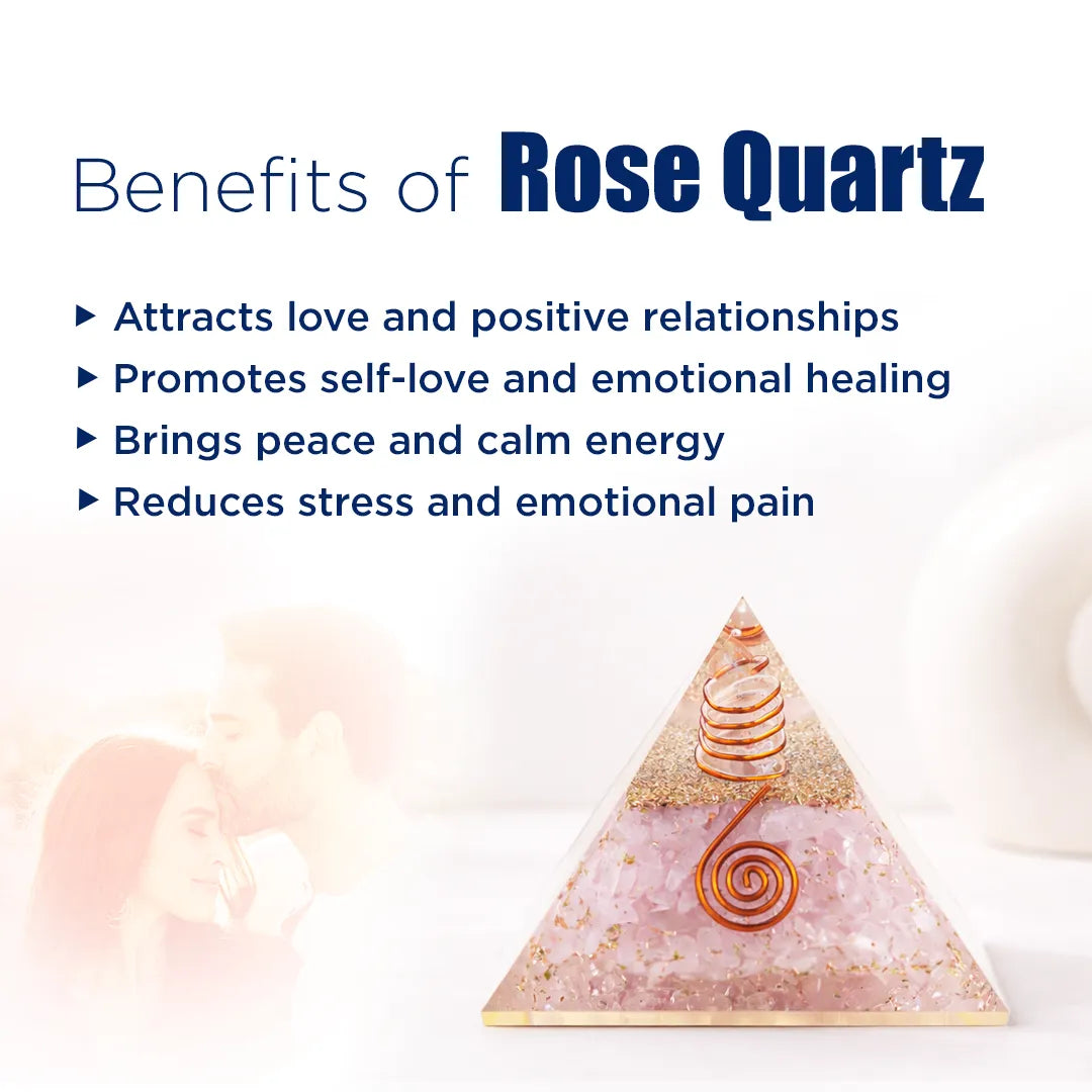 Rose Quartz pyramid with benefits listed on a white background