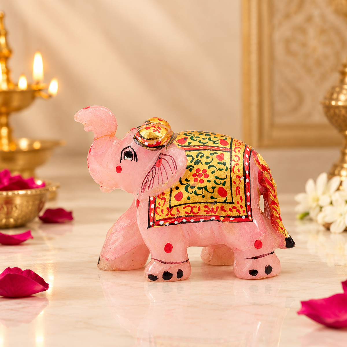 Rose Quartz Crystal Painted Elephant - Natural