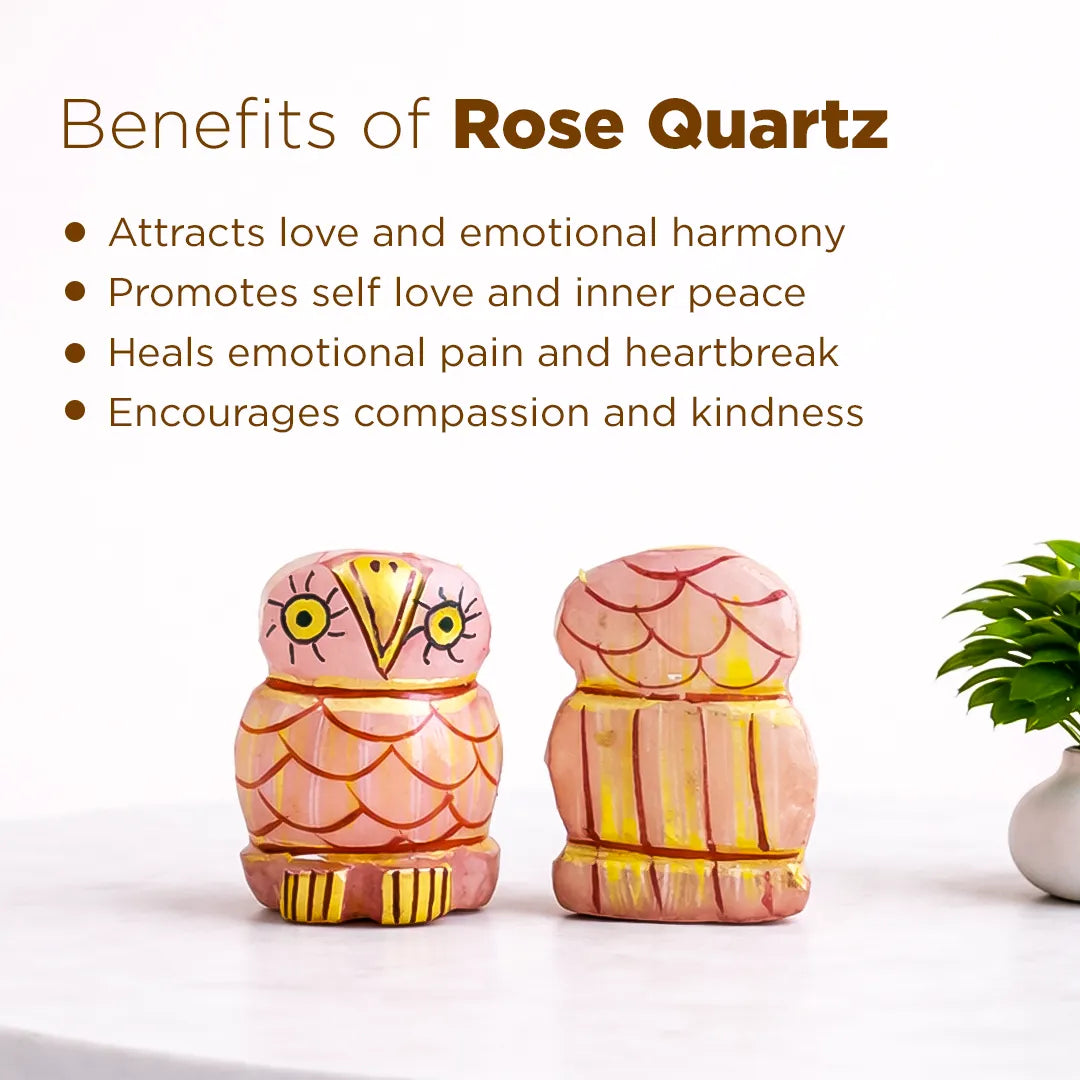 Decorative owl-shaped containers with rose quartz benefits text on a white background
