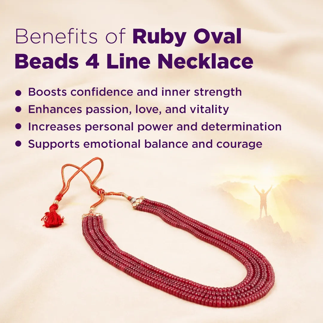 Ruby Oval Beads 4 Line Necklace with benefits listed on a soft background