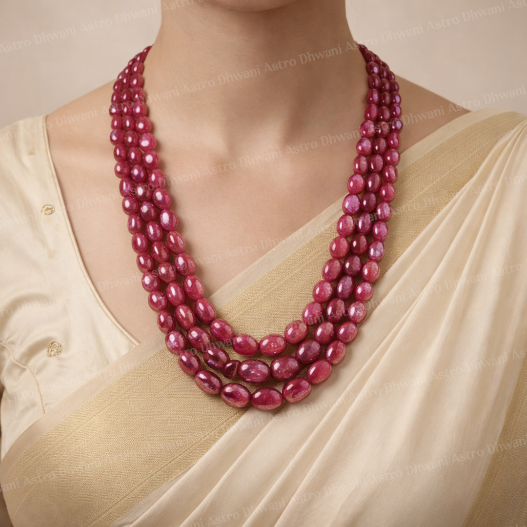 Natural Ruby Tumble Beads 3 Line Necklace for Confidence, Energy & Success