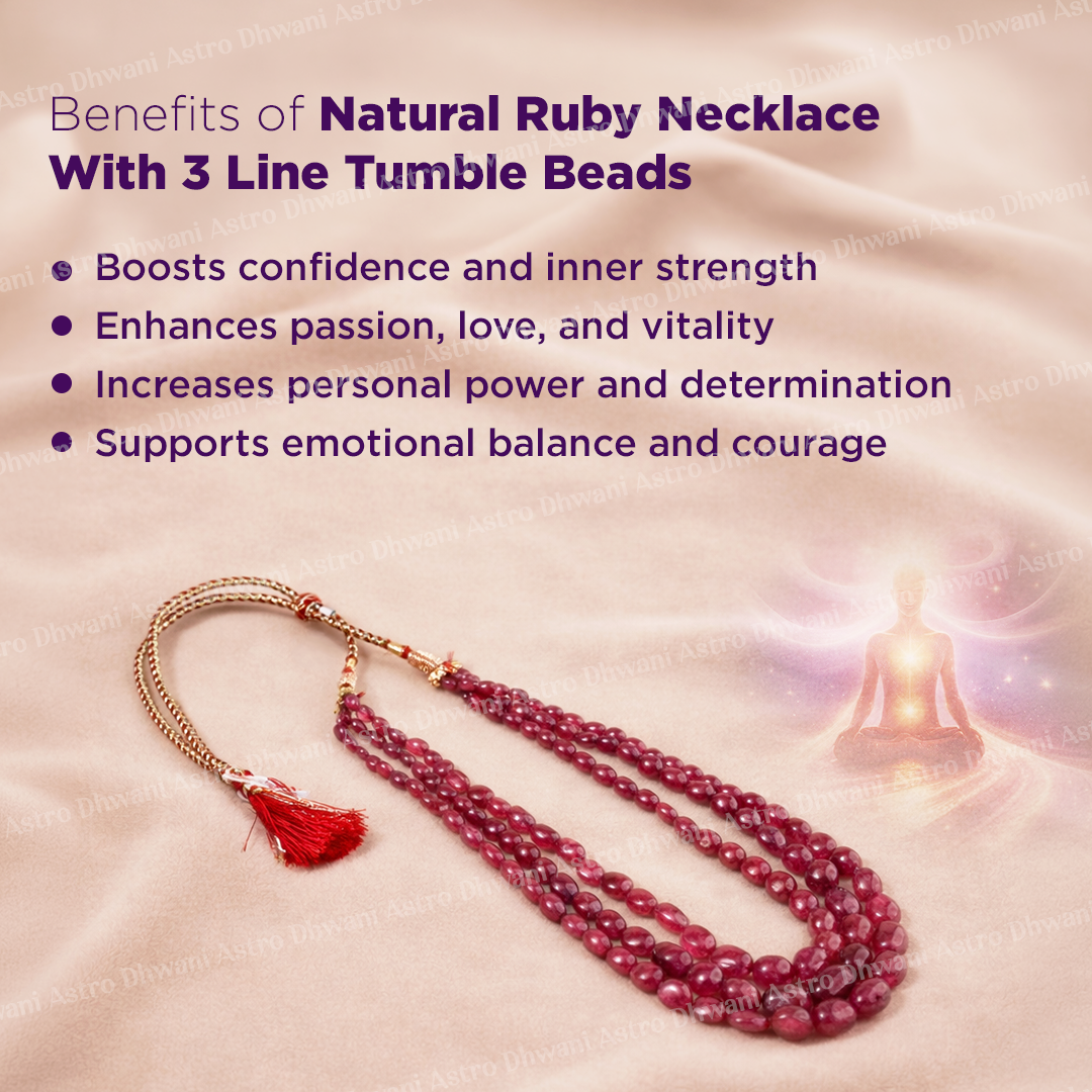 Natural Ruby Tumble Beads 3 Line Necklace for Confidence, Energy & Success