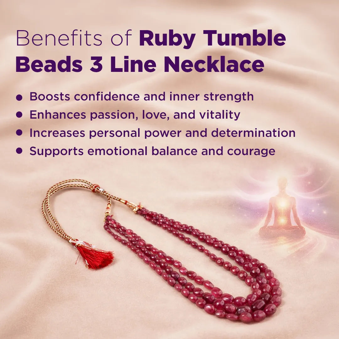 Ruby tumble beads necklace with benefits listed on a soft background