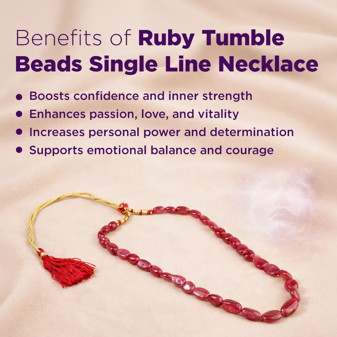 Ruby tumble beads single line necklace with text on benefits on a beige background