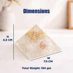 Pyramid-shaped object with dimensions and weight information on a white background