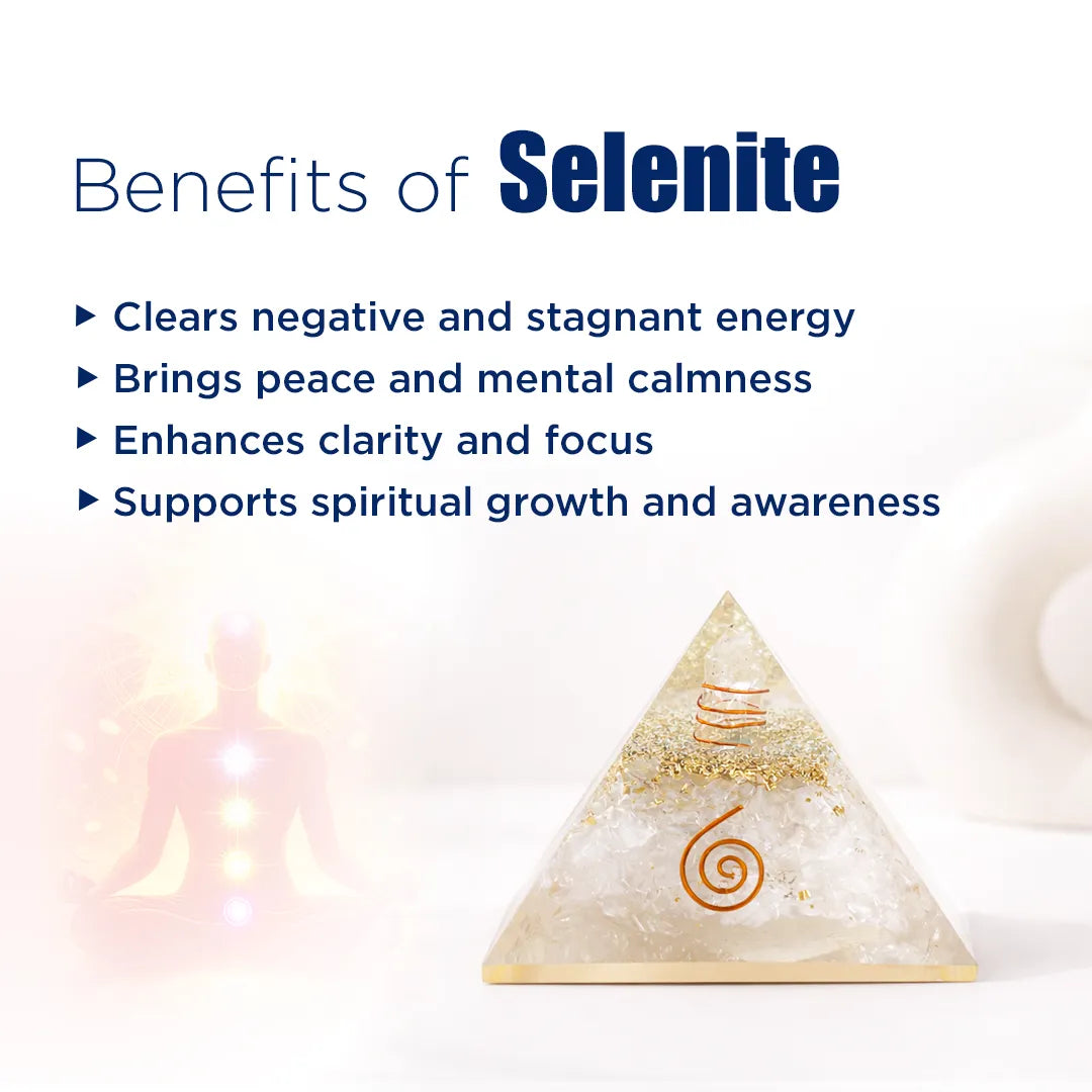 Selenite pyramid with benefits listed on a white backgroundSelenite Pyramid with Shree Yantra – Energy Cleansing & Spiritual Clarity