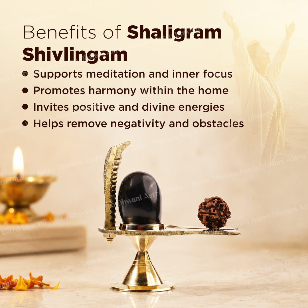 Benefits of Shaligram Shivlingam text overlay on a warm beige background, with a brass stand holding a black stone and a brown rudraksha bead in the foreground.