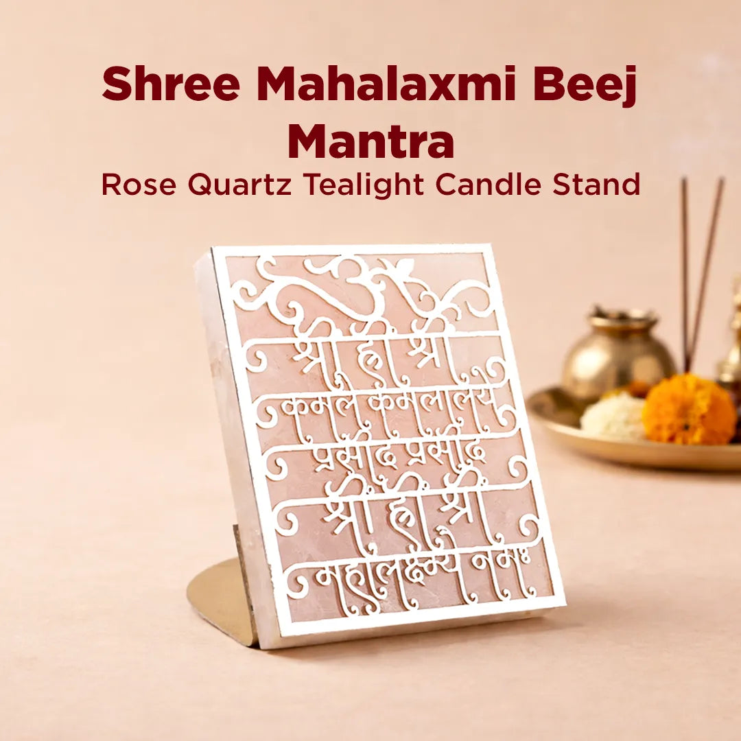 Rose Quartz Tealight Candle Stand with Shree Mahalaxmi Beej Mantra on a beige background