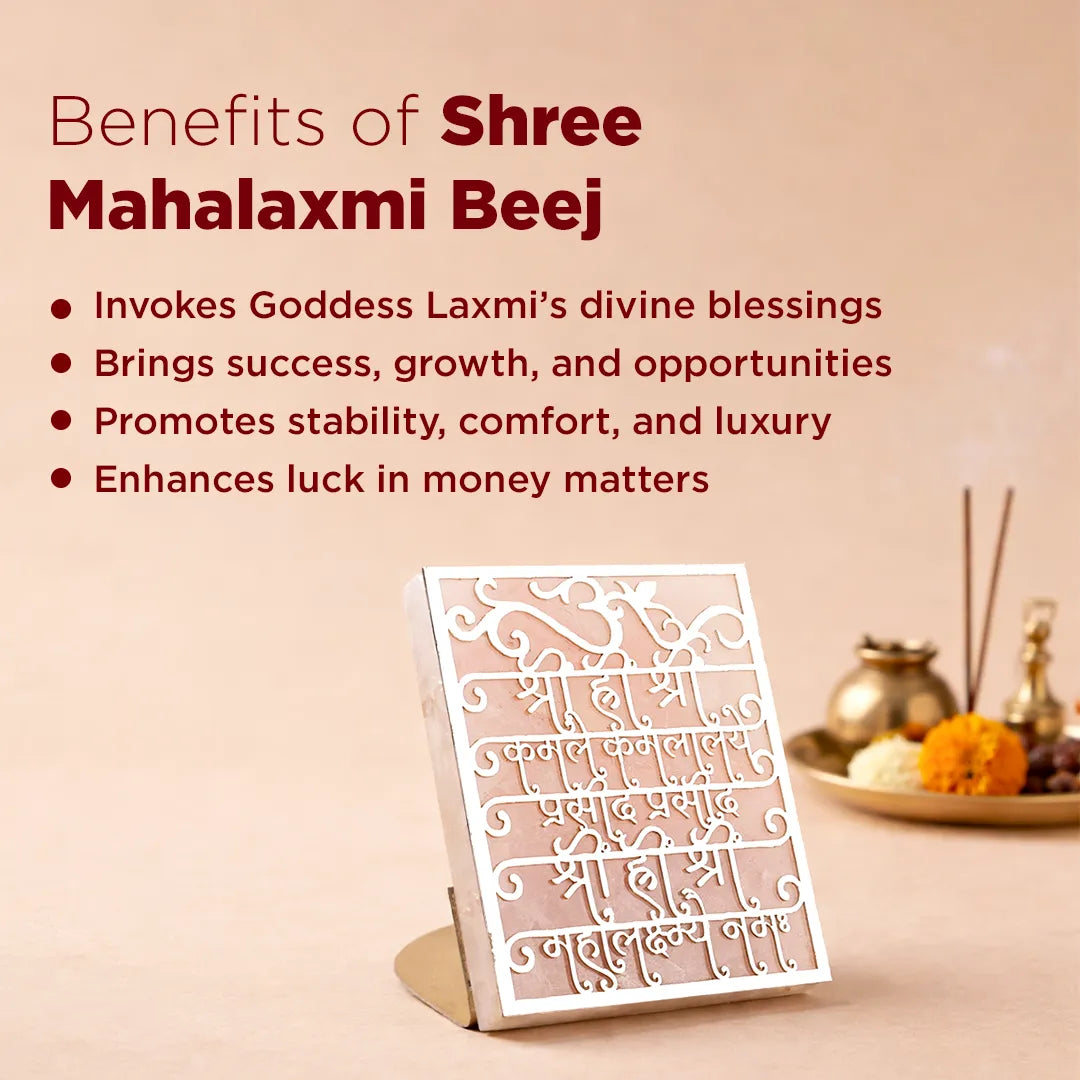 Product packaging with text about the benefits of Shree Mahalaxmi Beej on a beige background.