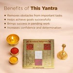 Gold-plated yantra with candles and powders on a beige background, featuring text on its benefits.