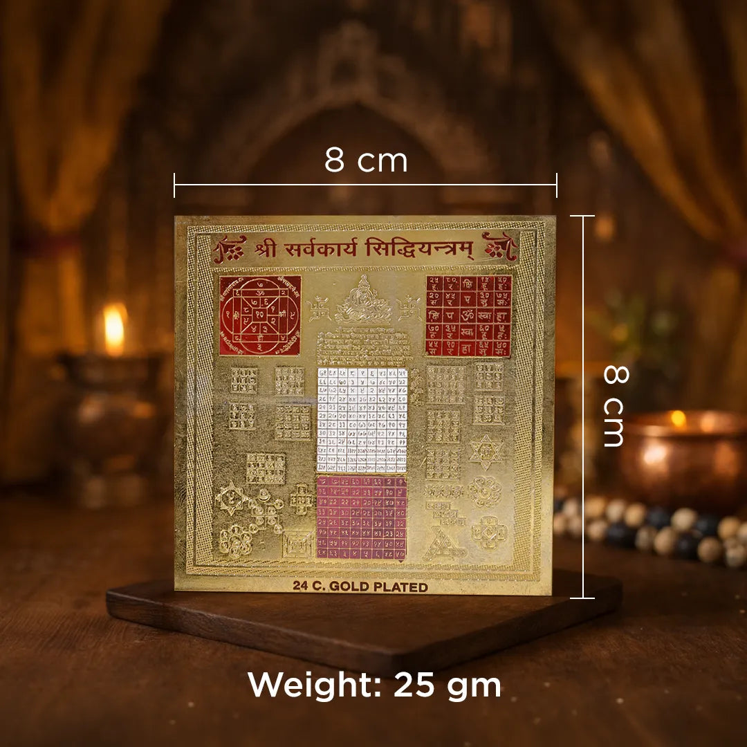 Gold-plated card with measurements and weight information on a wooden stand.