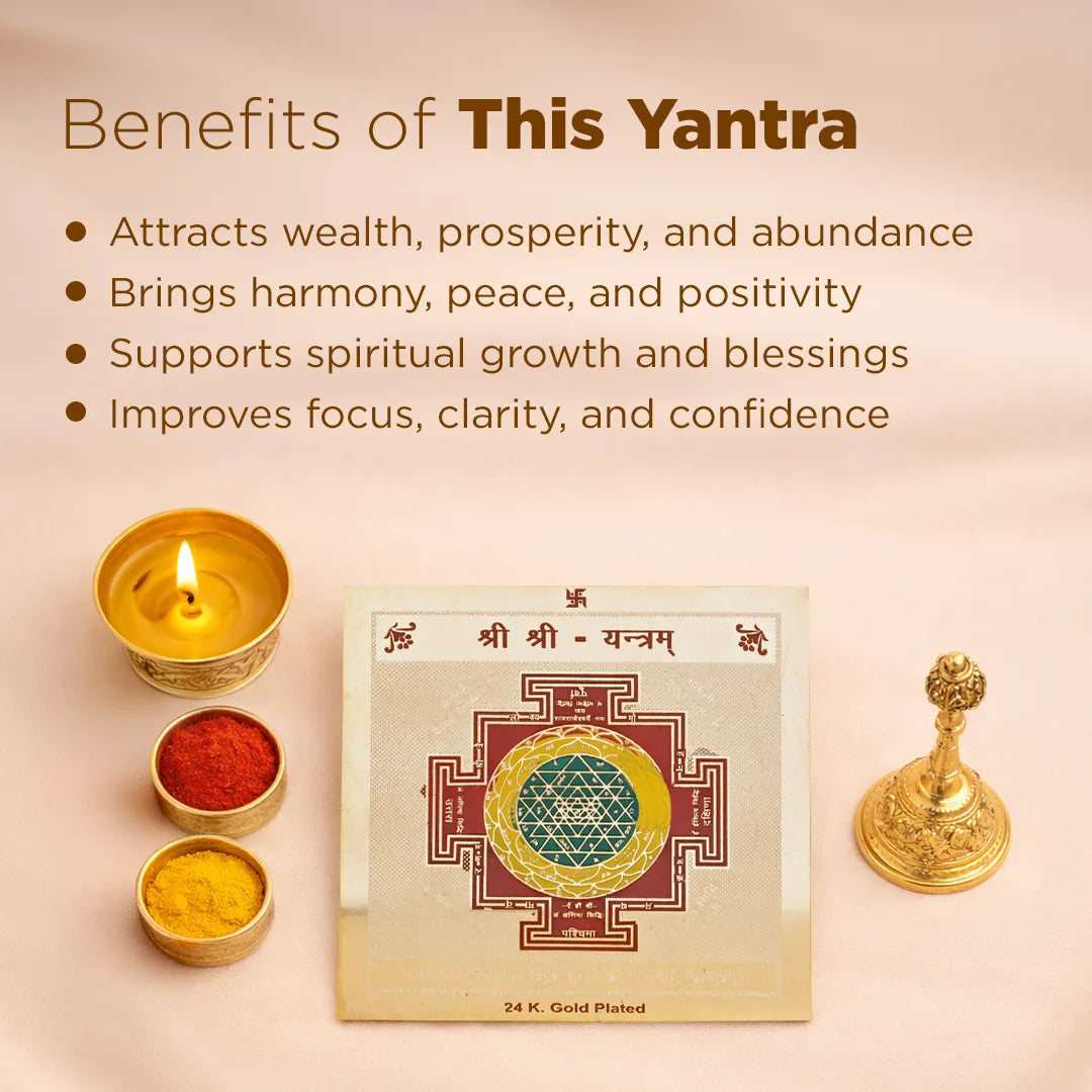 Yantra with benefits listed on a beige background