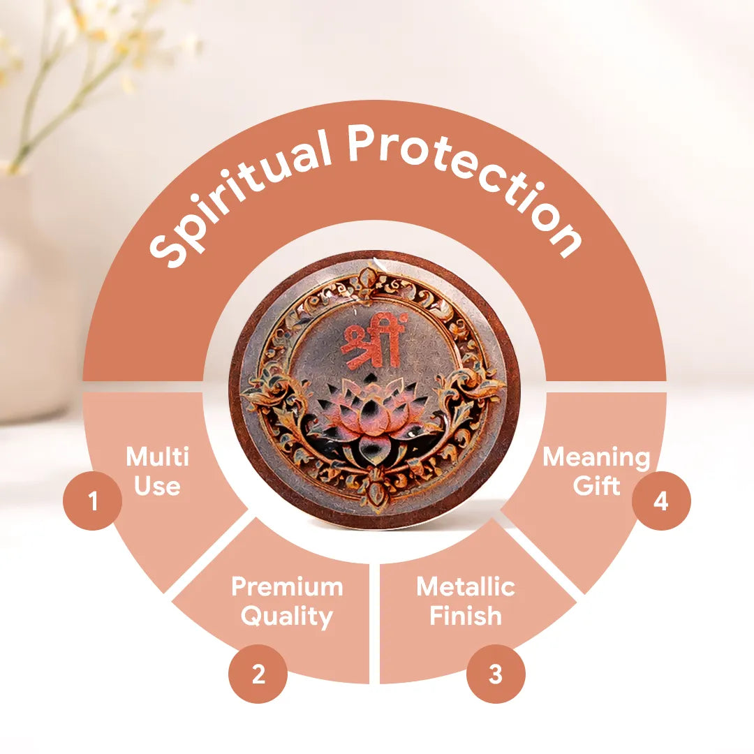 Decorative item with 'Spiritual Protection' text and features on a white backgroundShree Sticker (Pack of 10pcs) - Auspicious Shree Symbol