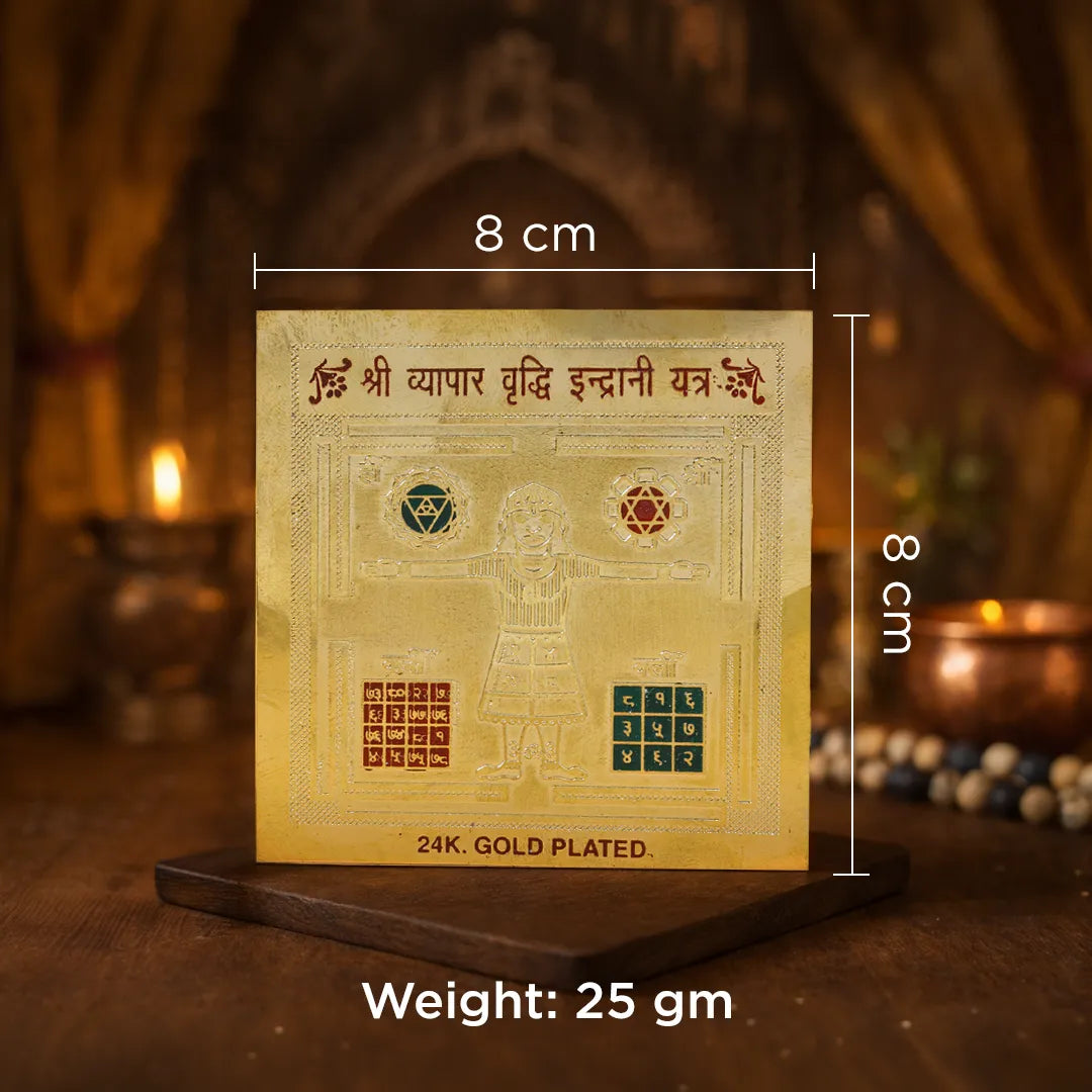 Gold-plated card with measurements and text on a wooden stand