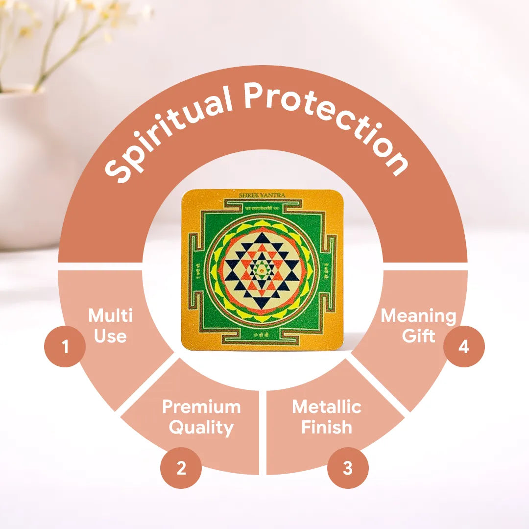 Product with circular text highlighting features like 'Spiritual Protection', 'Multi Use', 'Premium Quality', 'Metallic Finish', and 'Meaning Gift'.Shri Yantra Sticker (Pack of 10pcs) - Prosperity & Vastu Energy Symbol