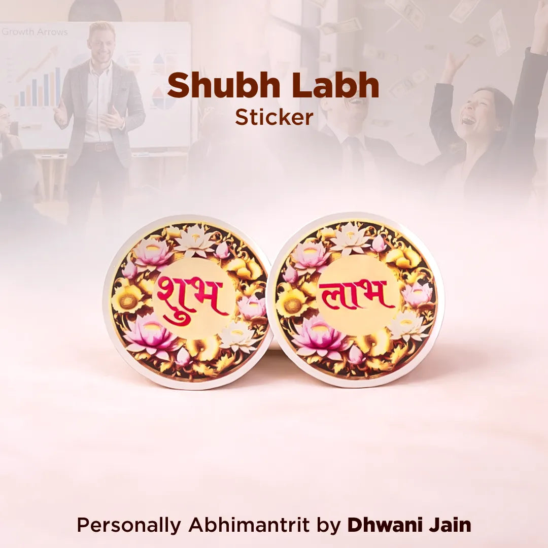 Two decorative stickers with floral designs and text on a light background, featuring the brand 'Shubh Labh'.