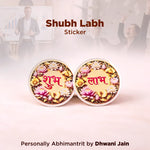 Two decorative stickers with floral designs and text on a light background, featuring the brand 'Shubh Labh'.