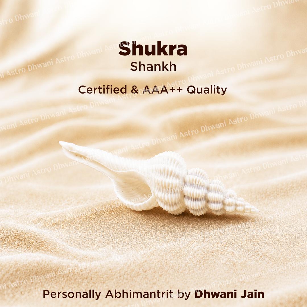 Shell on sand with 'Shukra Shankh' text and branding