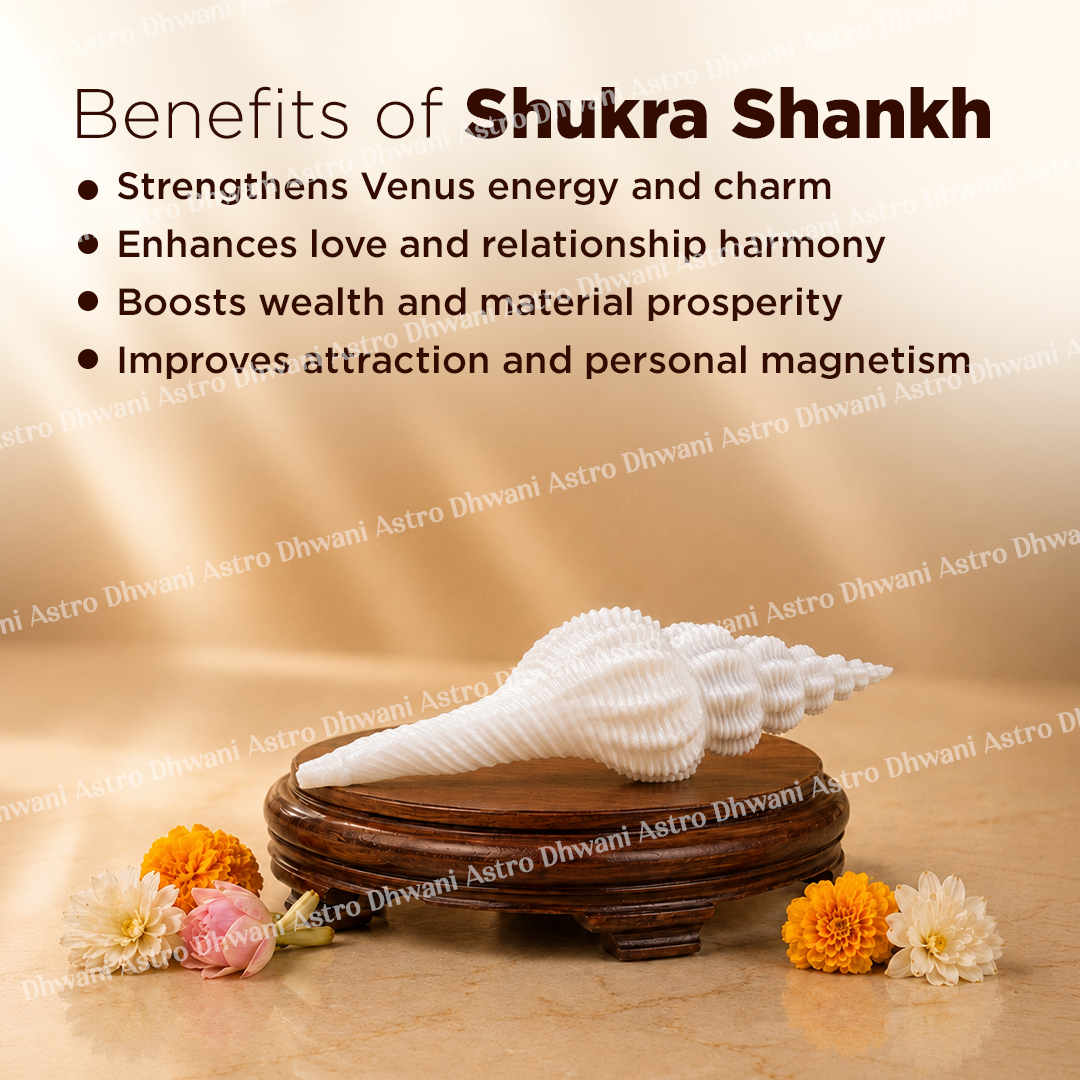 Shukra Shankh on a wooden stand with flowers, and text listing benefits on a beige background.