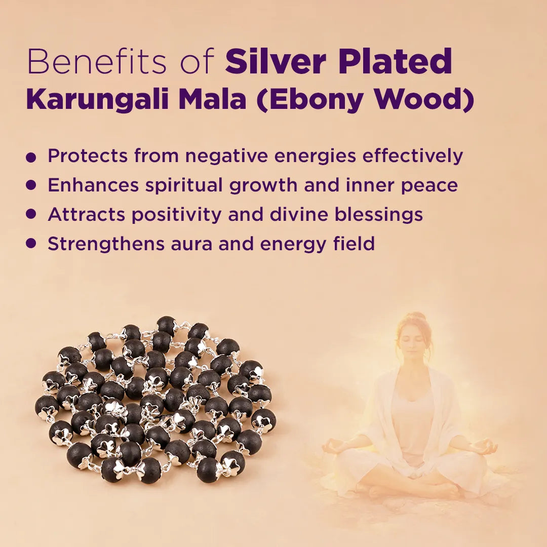 Silver Plated Karungali Mala (Ebony Wood) for Protection, Peace & Spiritual Energy