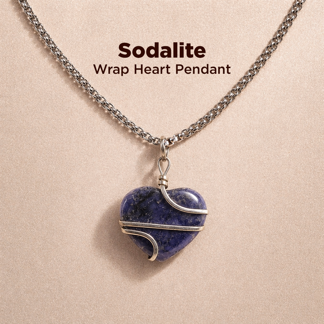Sodalite wrap heart pendant necklace on a beige background