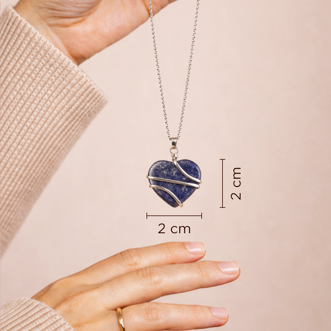 Heart-shaped pendant necklace with measurements on a plain backgroundSodalite Wrap Heart Pendant (Abhimantrit) for Clarity & Communication