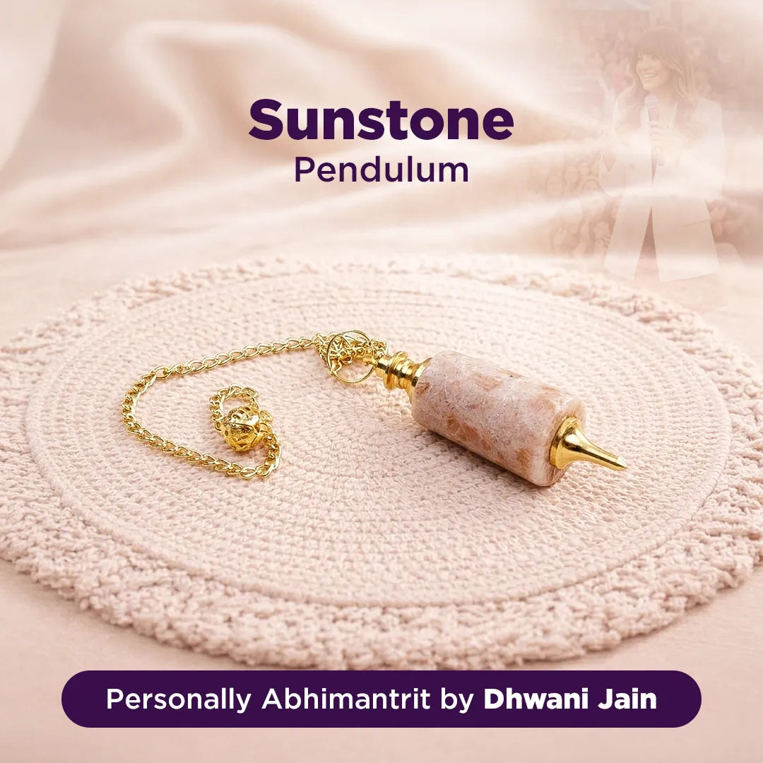 Sunstone pendulum on a textured surface with 'Sunstone' and 'Dhwani Jain' text.