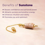 Sunstone pendulum with benefits listed on a pink background