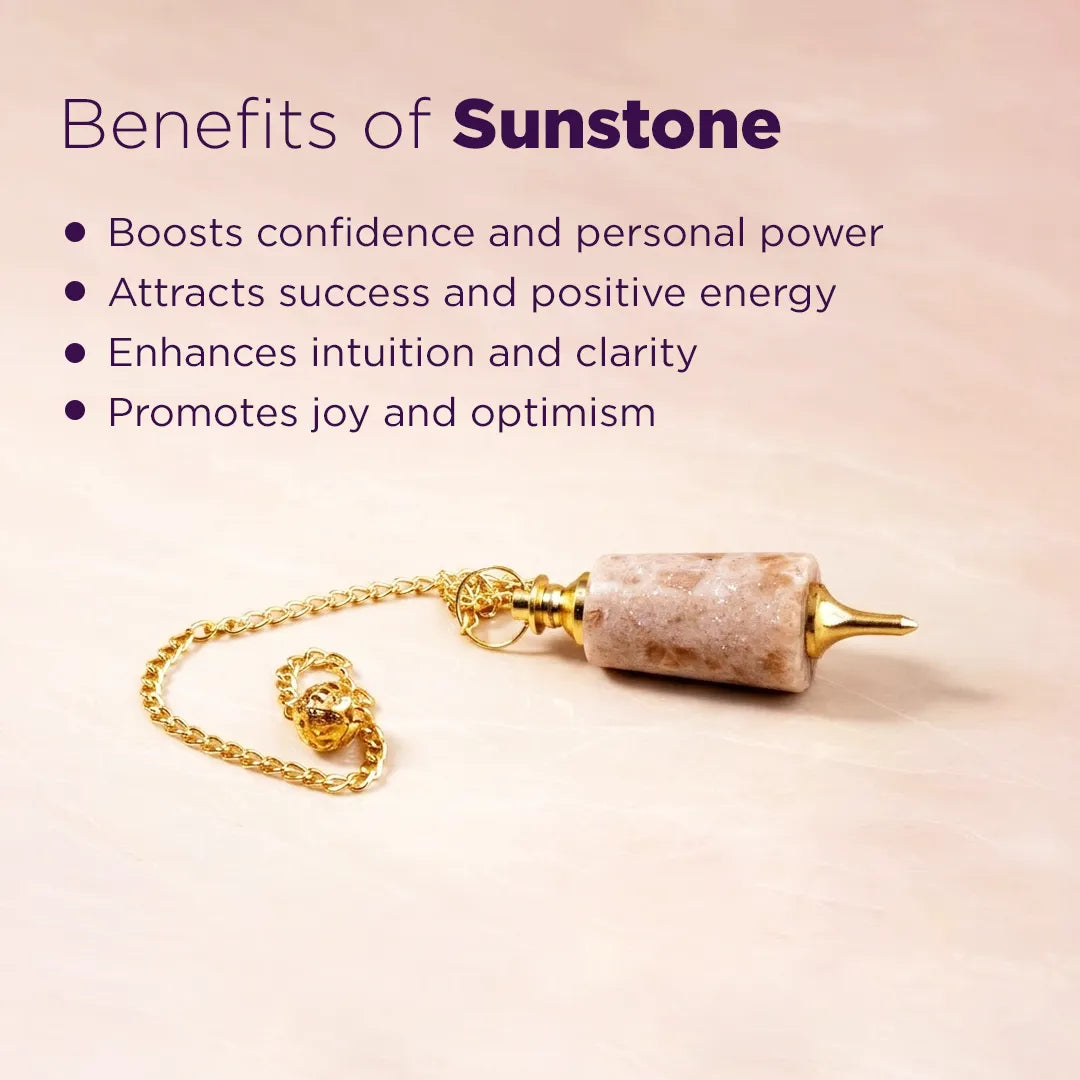 Sunstone pendulum with benefits listed on a pink backgroundSunstone Pendulum for Confidence, Positivity & Dowsing - Abhimantrit