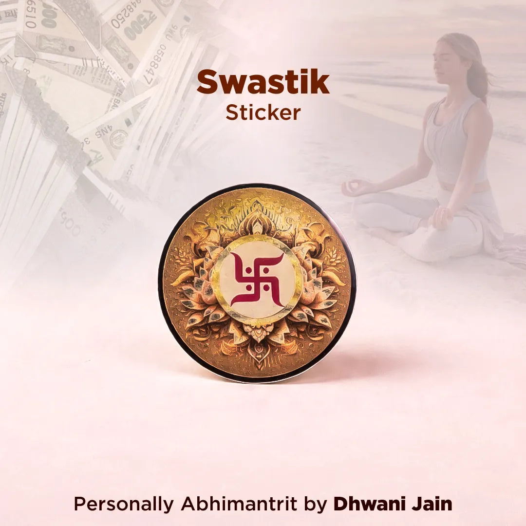 Swastik sticker with decorative elements on a light background