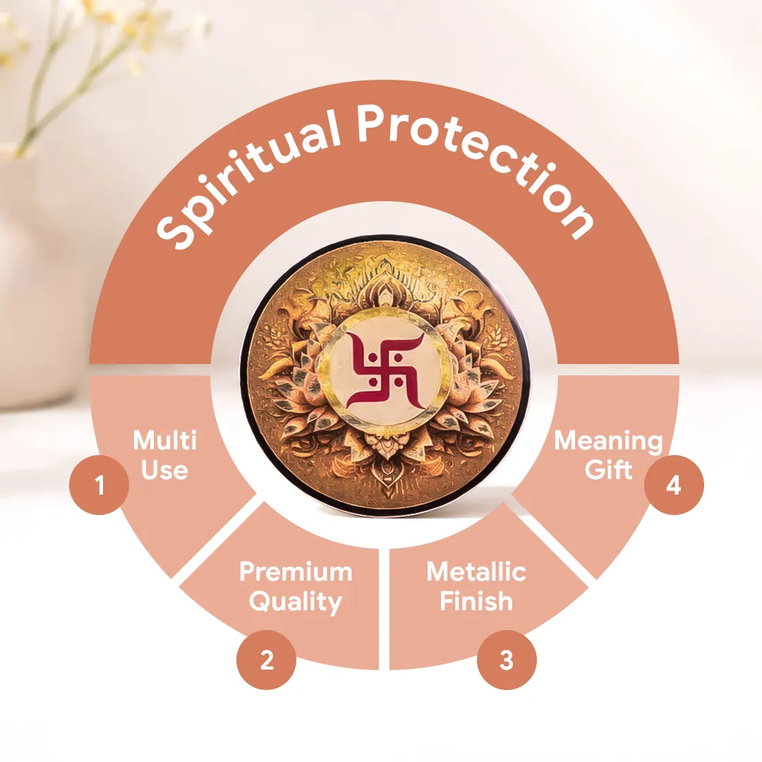 Decorative item with 'Spiritual Protection' text and features on a white backgroundSwastik Sticker (Pack of 10pcs) - Auspicious Swastik Symbol