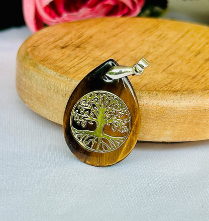 Tiger Eye Stone Tree of Life Pendant for Abundance & Wealth Enhancement - Abhimantrit & Certified