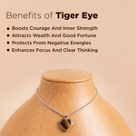 Tiger eye necklace on a mannequin with benefits listed on a beige background