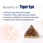 Tiger eye crystal pyramid with benefits listed on a white background