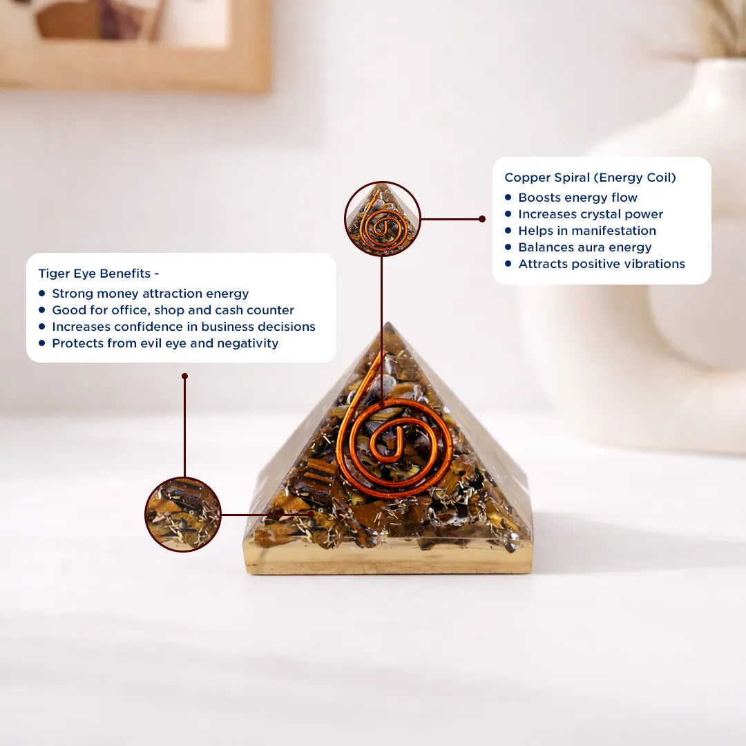 Pyramid-shaped crystal with copper spiral and tiger eye stones on a white surfaceTiger Eye Pyramid – Money Attraction, Protection & Confidence Crystal