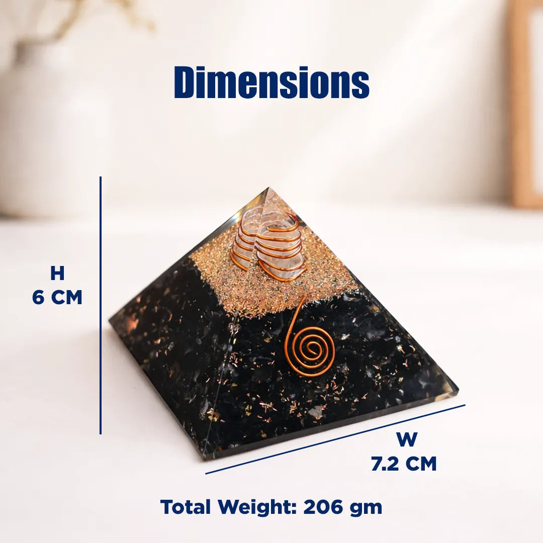 Pyramid-shaped object with measurements and weight displayed
