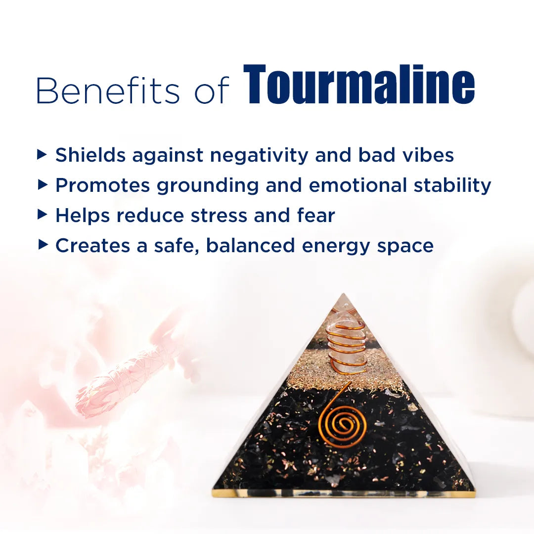 Pyramid-shaped tourmaline product with text listing benefits on a white backgroundTourmaline Pyramid – Protection & Negative Energy Shield Crystal