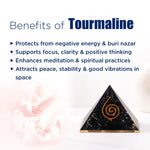 Triangular tourmaline crystal with benefits listed on a white background