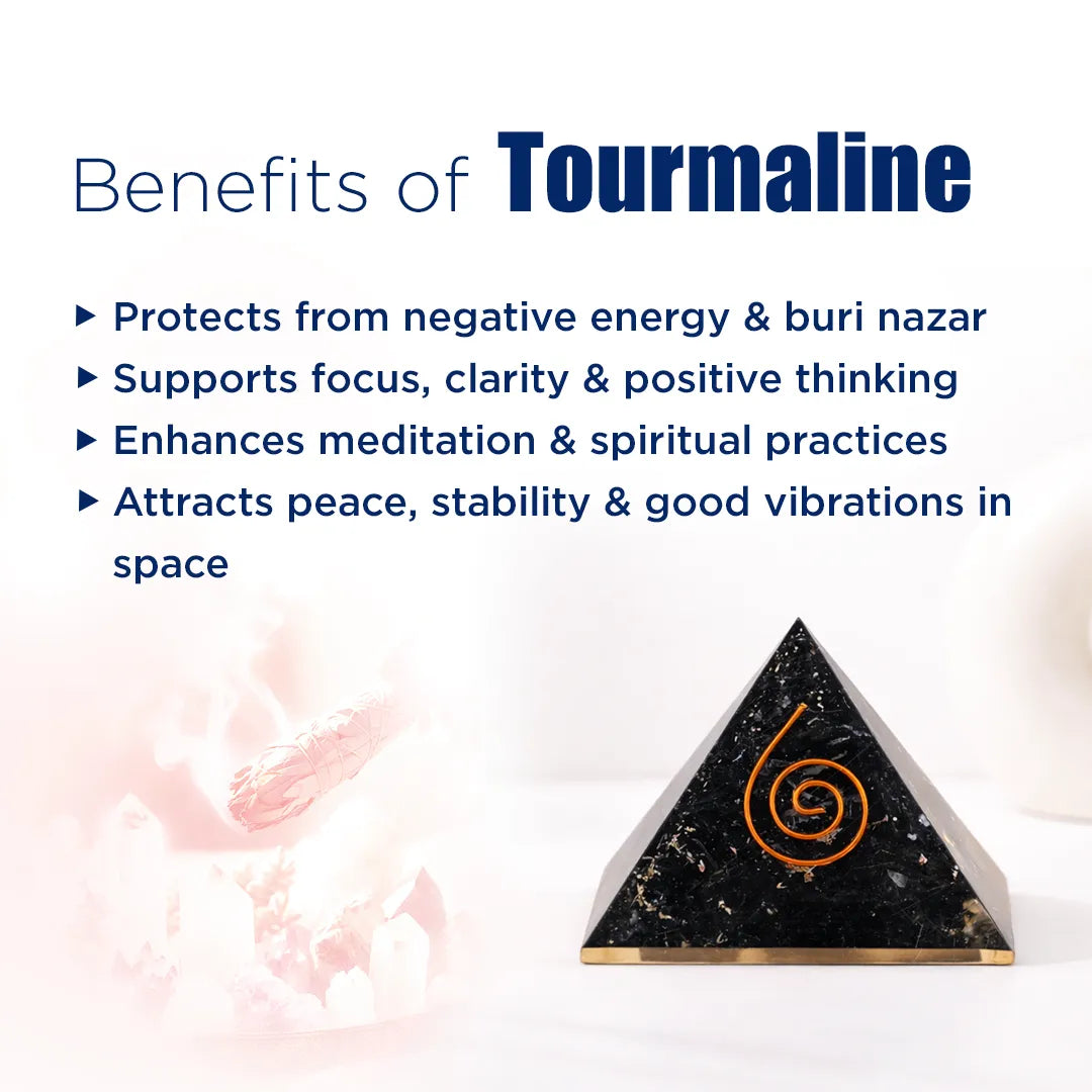Triangular tourmaline crystal with benefits listed on a white backgroundBlack Tourmaline Pyramid – Protection, Energy Shield & Negative Energy Removal