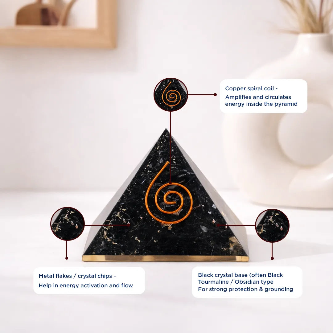 Pyramid-shaped crystal with copper spiral coil on a white background