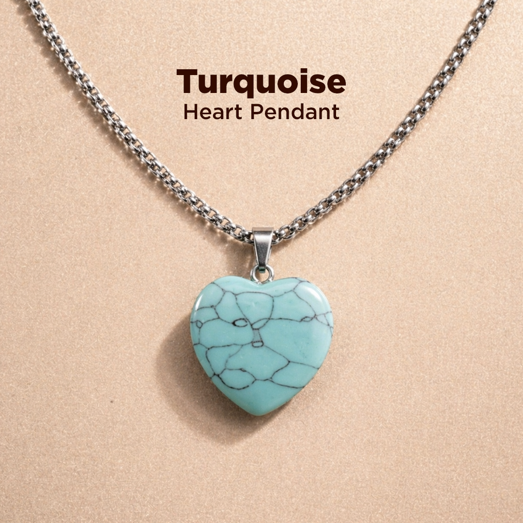 Turquoise heart pendant necklace on a beige background