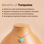 Turquoise heart pendant necklace on a mannequin with text about turquoise benefits.