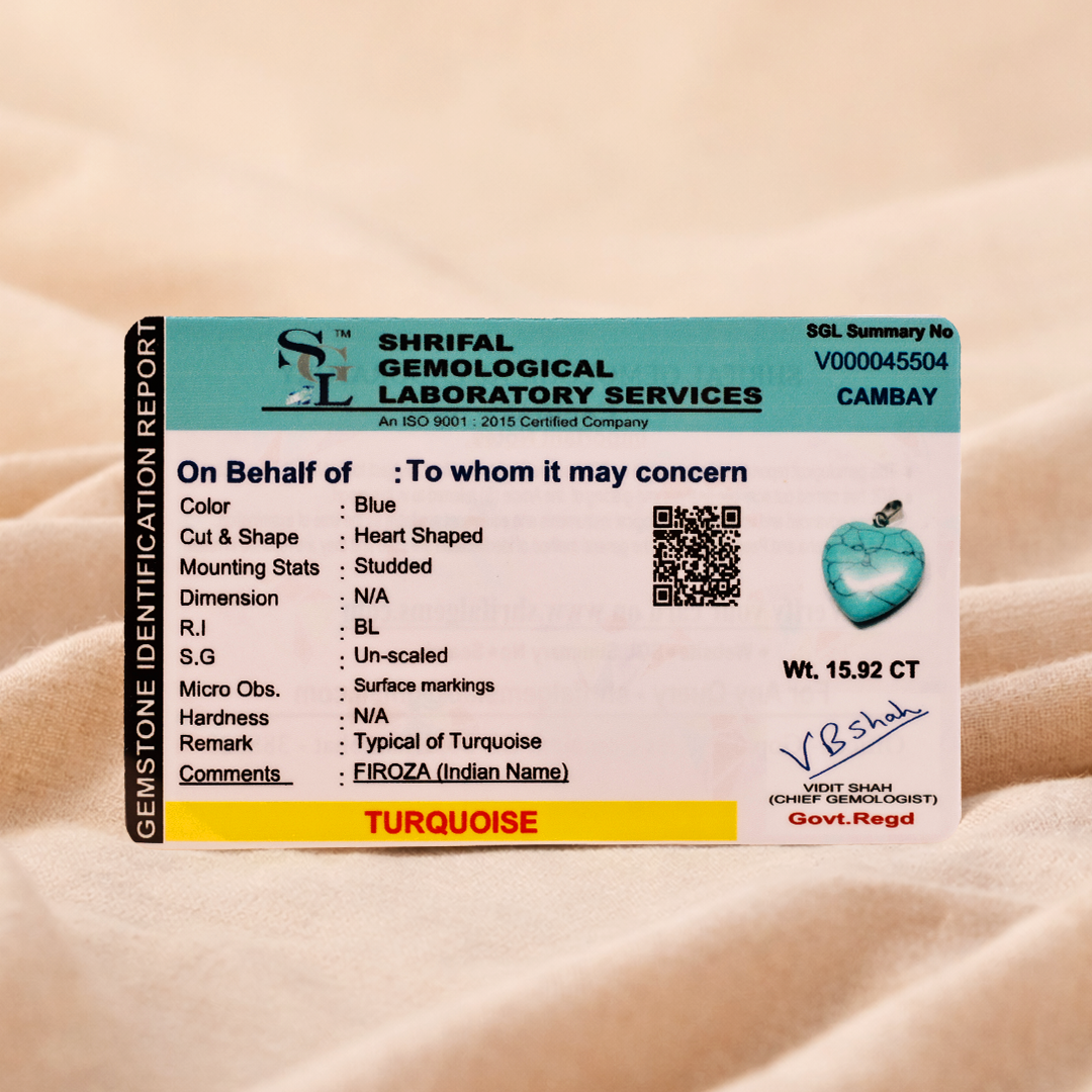 Shrilal Gemological Laboratory Services identification report for a turquoise gemstone on a beige background