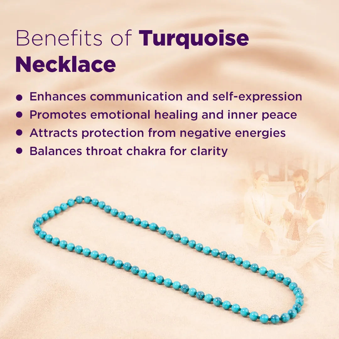 Turquoise necklace with benefits listed on a beige backgroundTurquoise Necklace for Protection, Communication & Emotional Balance